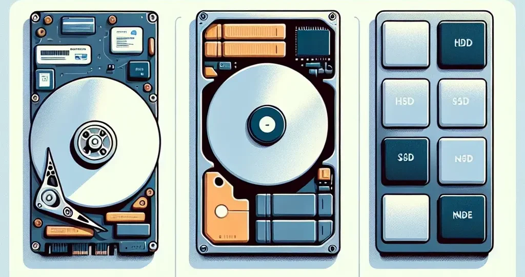 "Perbandingan Penyimpanan HDD, SSD, dan NVMe: Grafik yang menunjukkan perbedaan kecepatan, kapasitas, dan harga antara hard disk drive, solid-state drive, dan non-volatile memory express."