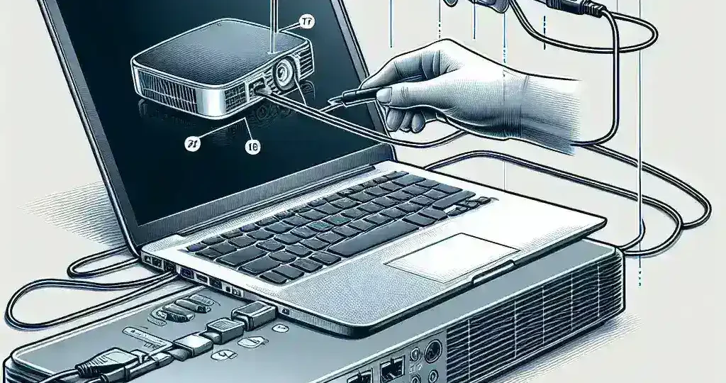 "Ilustrasi cara menghubungkan laptop ke proyektor dengan langkah-langkah sederhana dan kabel koneksi yang diperlukan, sesuai panduan lengkap untuk presentasi yang sukses."