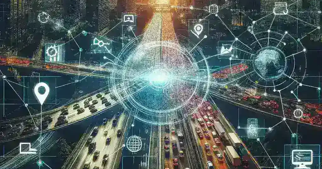 "Ilustrasi pengembangan teknologi navigasi adaptif yang inovatif untuk mengurangi kemacetan lalu lintas, menunjukkan peta digital dengan indikator lalu lintas real-time dan rute alternatif."
