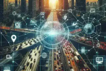 "Ilustrasi pengembangan teknologi navigasi adaptif yang inovatif untuk mengurangi kemacetan lalu lintas, menunjukkan peta digital dengan indikator lalu lintas real-time dan rute alternatif."
