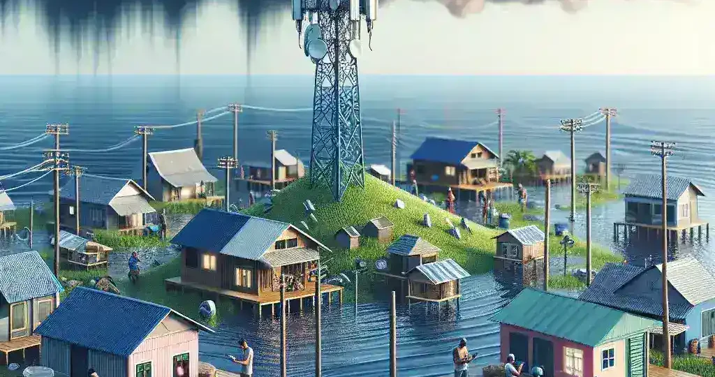 "Ilustrasi sistem notifikasi banjir rob untuk masyarakat pesisir menggunakan SMS Gateway, menampilkan grafik interaktif dan perangkat komunikasi yang membantu meningkatkan kesadaran akan risiko banjir."