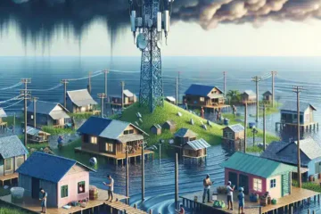 "Ilustrasi sistem notifikasi banjir rob untuk masyarakat pesisir menggunakan SMS Gateway, menampilkan grafik interaktif dan perangkat komunikasi yang membantu meningkatkan kesadaran akan risiko banjir."